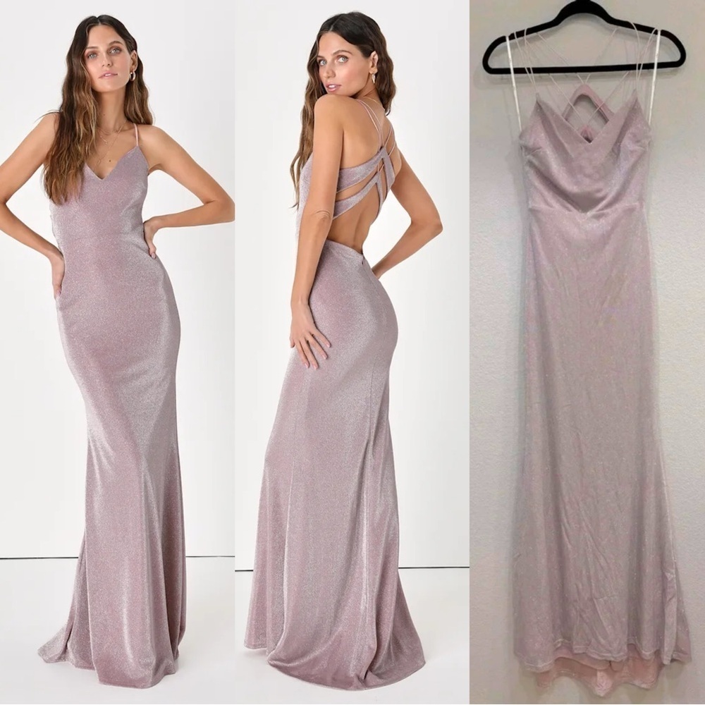 Sz M NWOT Lulus Toasting the Evening Shiny Blush Pink Backless Maxi Dress